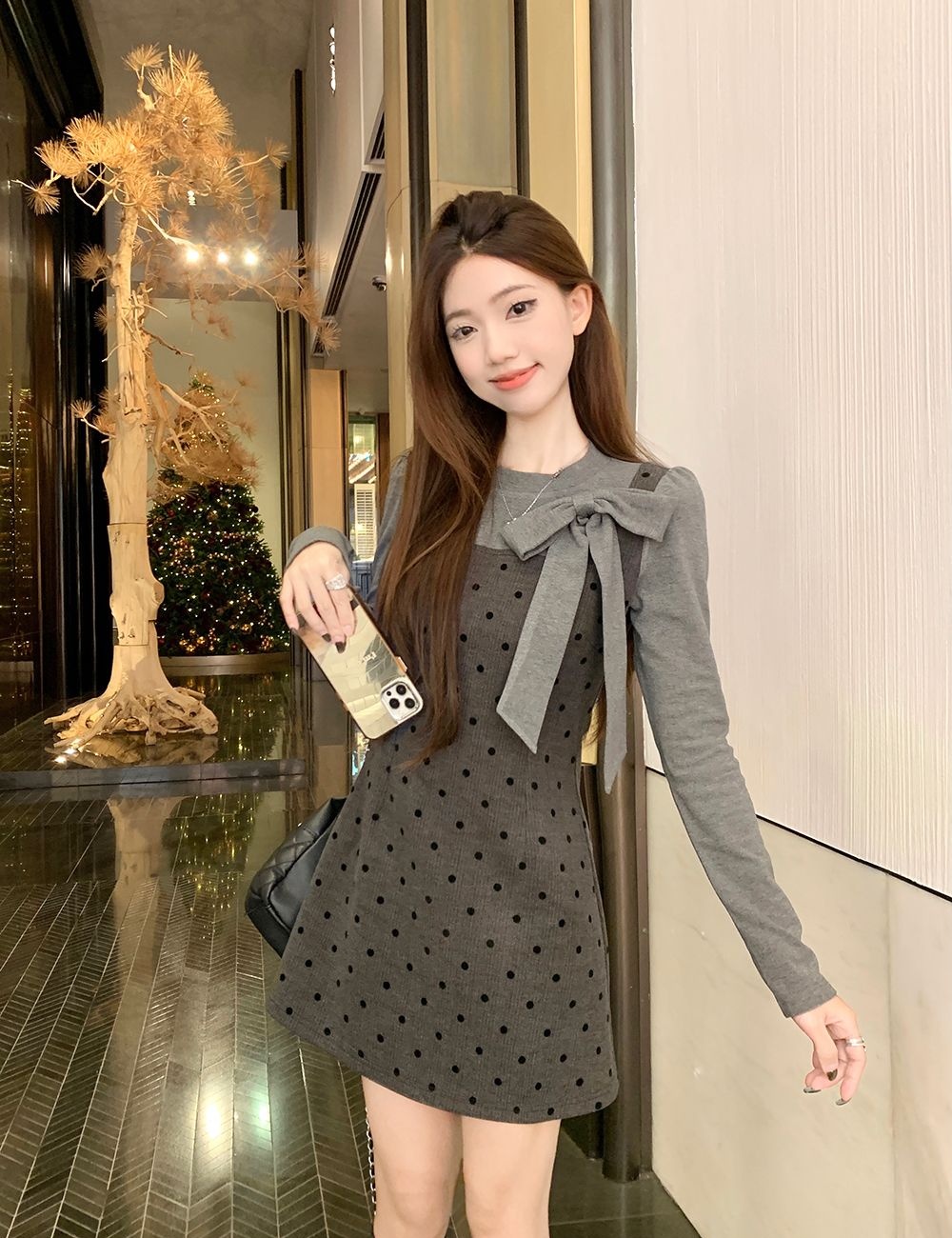 Strap polka dot dress long sleeve T-shirt 2pcs set for women