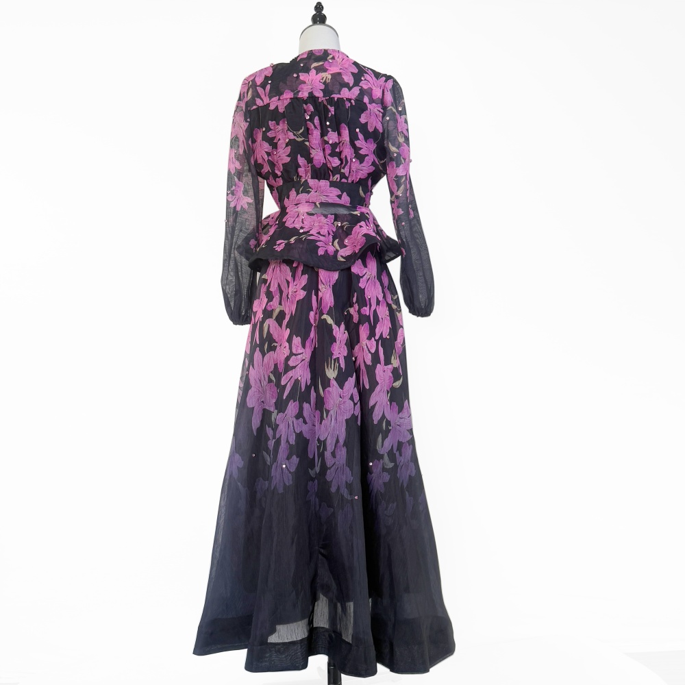 Glitter high waist shirt beading long skirt 2pcs set