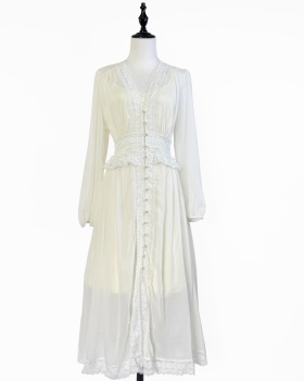Pearl buckle France style V-neck lace temperament dress