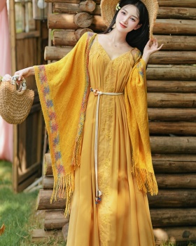 Yellow vacation beach dress big skirt dress 2pcs set