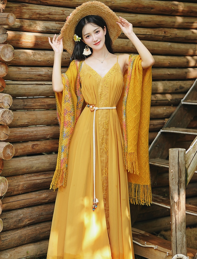 Yellow vacation beach dress big skirt dress 2pcs set