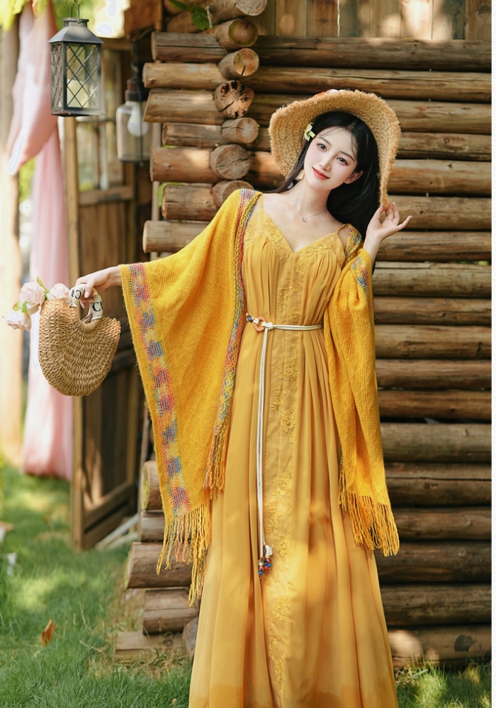 Yellow vacation beach dress big skirt dress 2pcs set