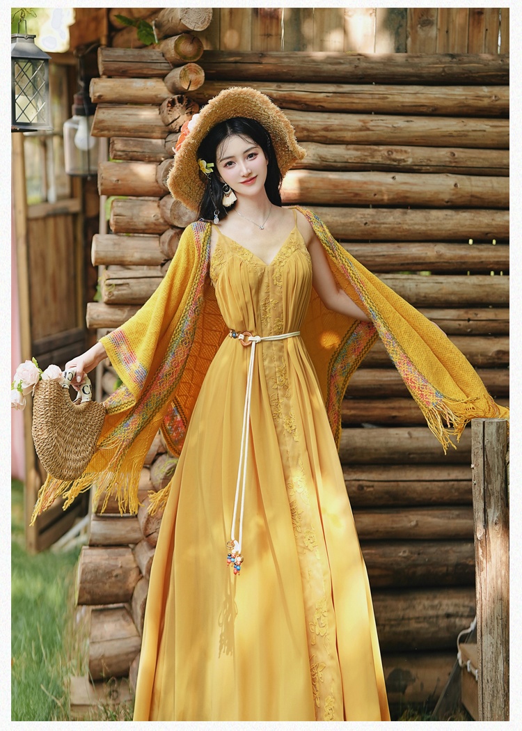 Yellow vacation beach dress big skirt dress 2pcs set