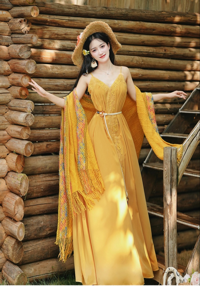 Yellow vacation beach dress big skirt dress 2pcs set