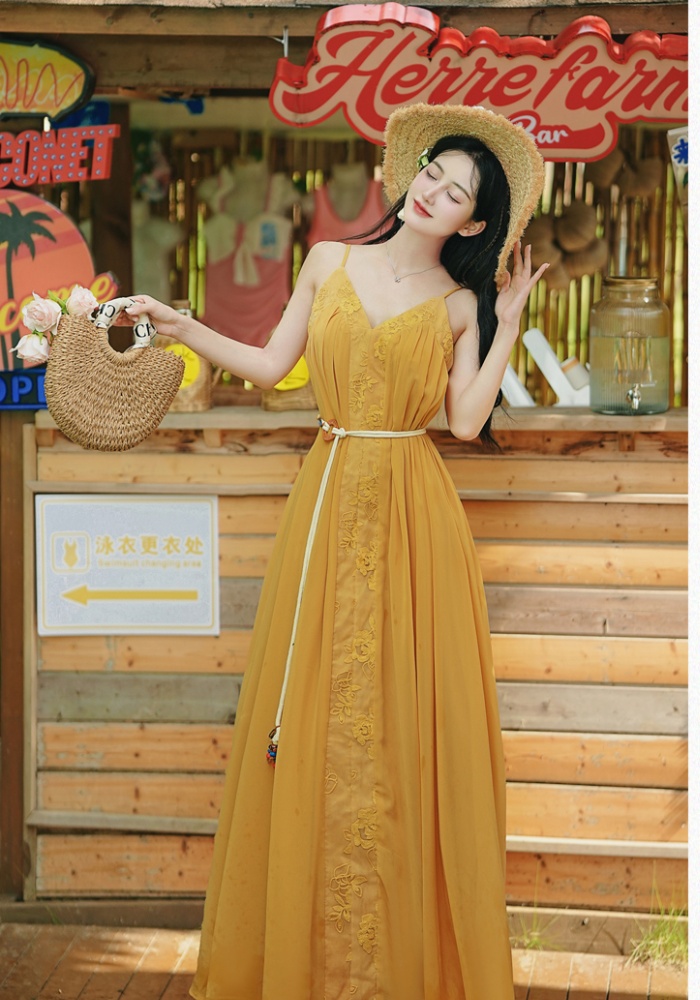 Yellow vacation beach dress big skirt dress 2pcs set