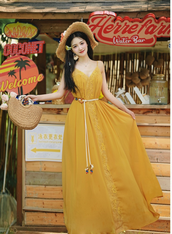 Yellow vacation beach dress big skirt dress 2pcs set
