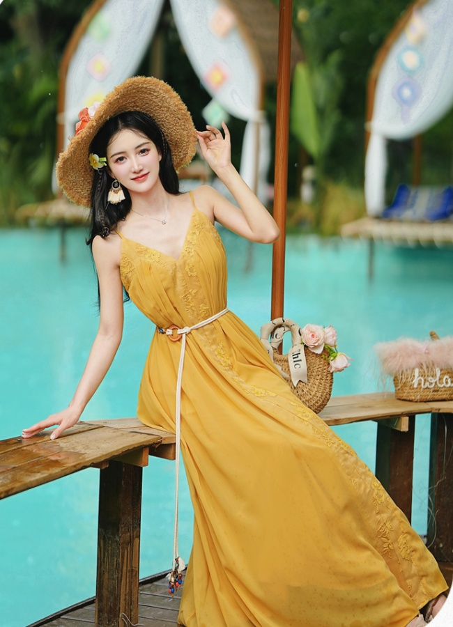 Yellow vacation beach dress big skirt dress 2pcs set