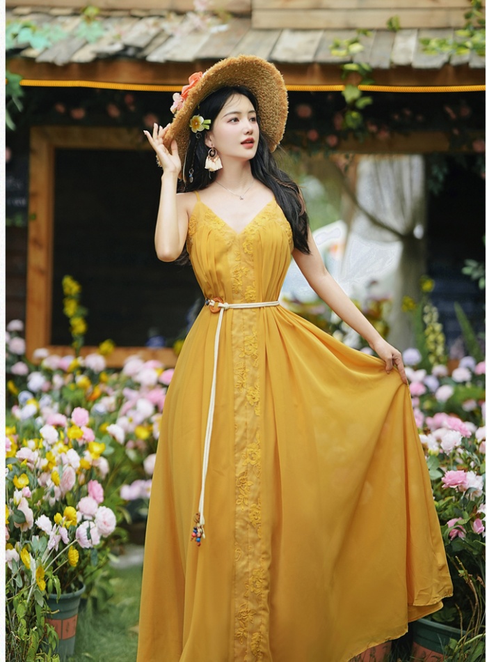 Yellow vacation beach dress big skirt dress 2pcs set