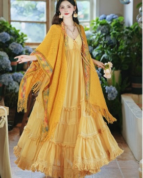 Vacation big skirt shawl yellow dress 2pcs set