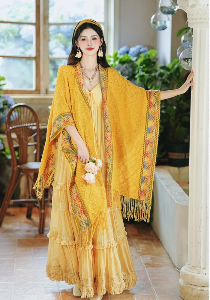 Vacation big skirt shawl yellow dress 2pcs set