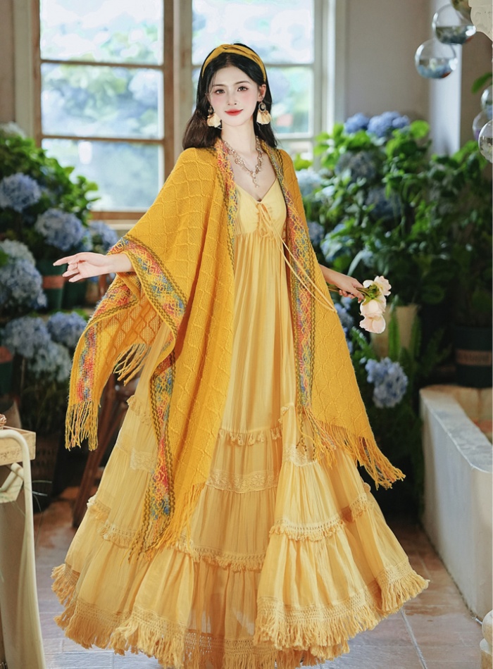 Vacation big skirt shawl yellow dress 2pcs set