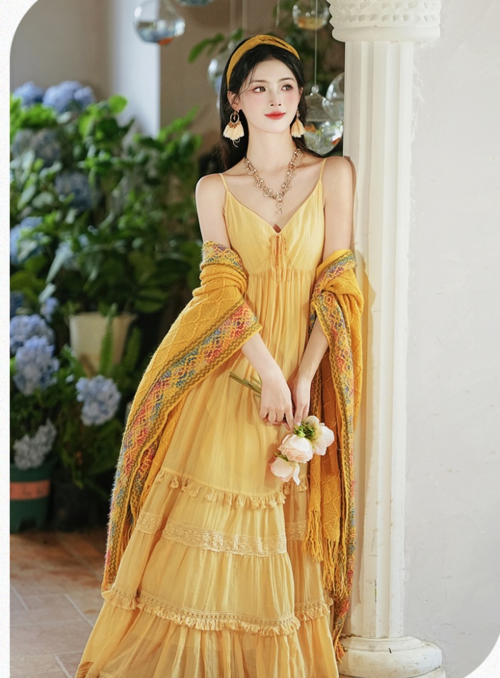 Vacation big skirt shawl yellow dress 2pcs set