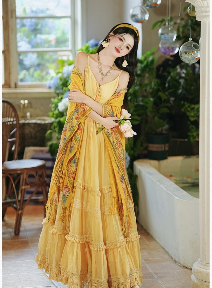 Vacation big skirt shawl yellow dress 2pcs set