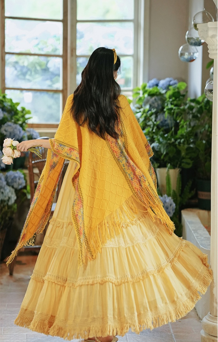 Vacation big skirt shawl yellow dress 2pcs set