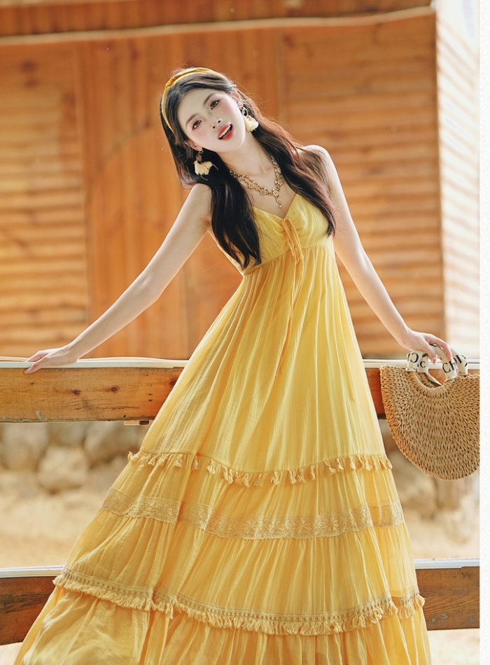 Vacation big skirt shawl yellow dress 2pcs set