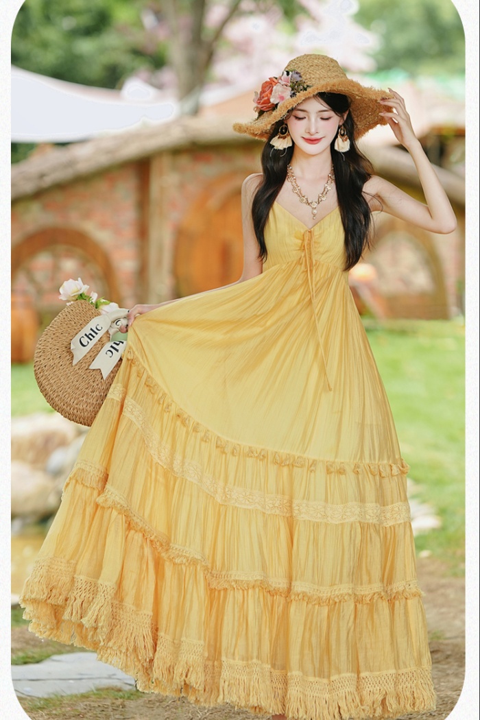 Vacation big skirt shawl yellow dress 2pcs set