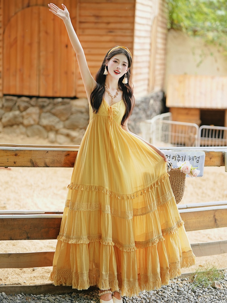 Vacation big skirt shawl yellow dress 2pcs set