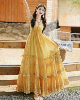 Vacation big skirt dress yellow beach dress