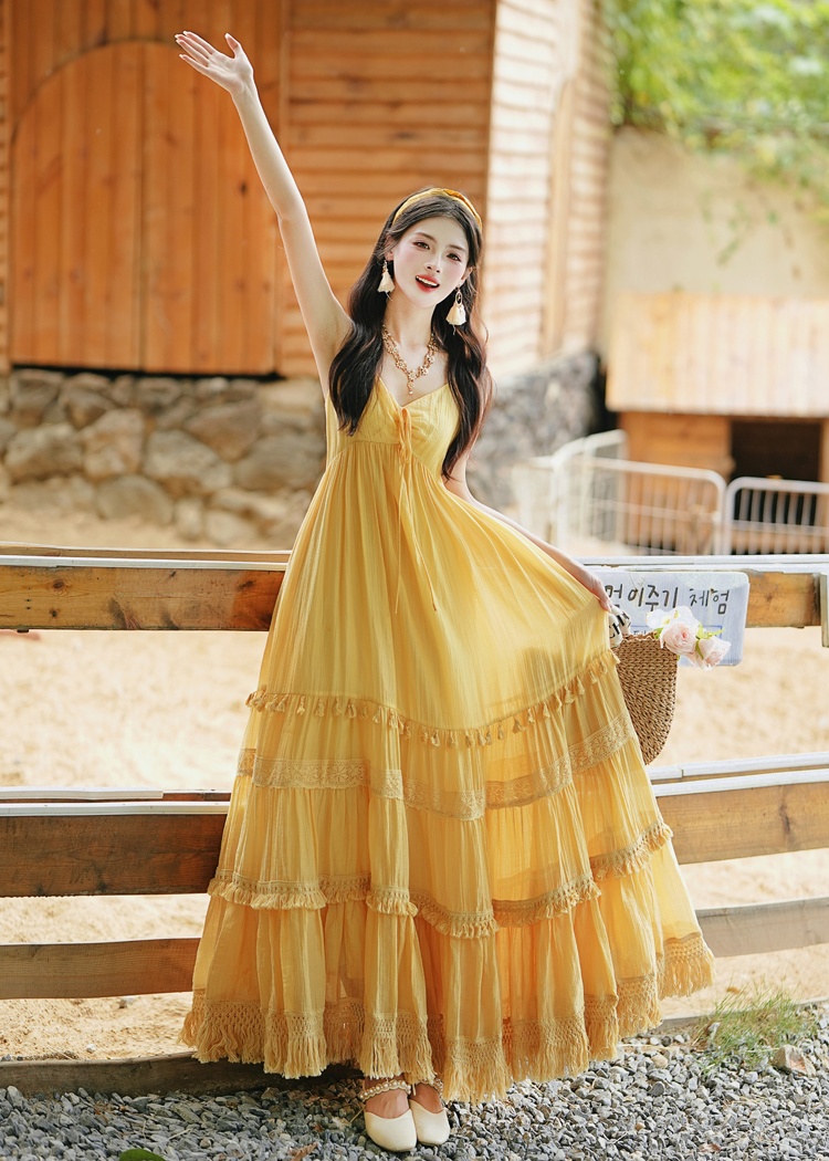 Vacation big skirt dress yellow beach dress