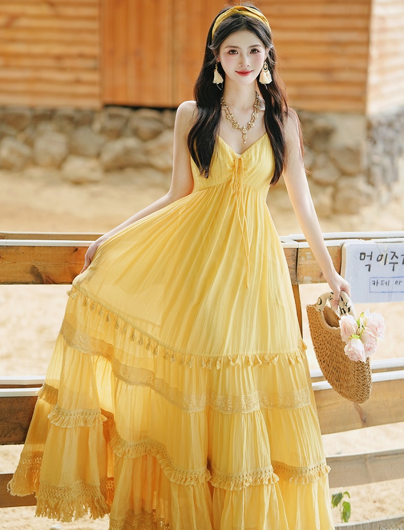 Vacation big skirt dress yellow beach dress