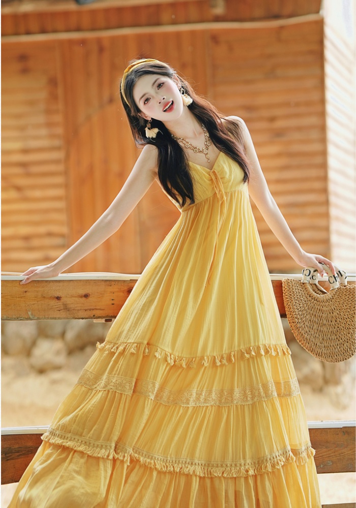 Vacation big skirt dress yellow beach dress