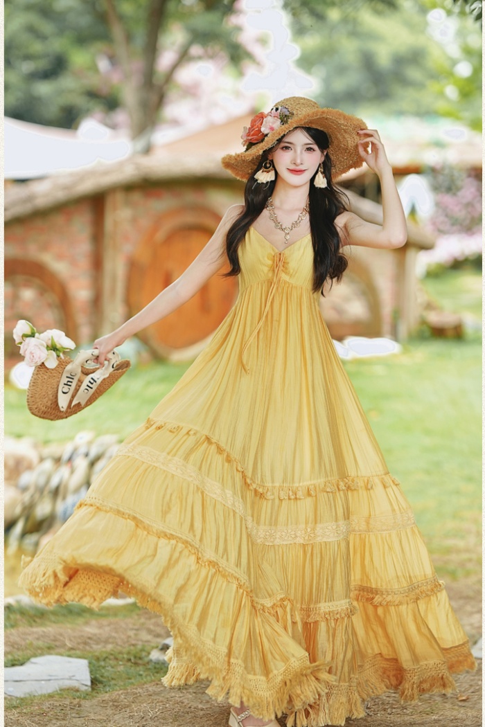Vacation big skirt dress yellow beach dress