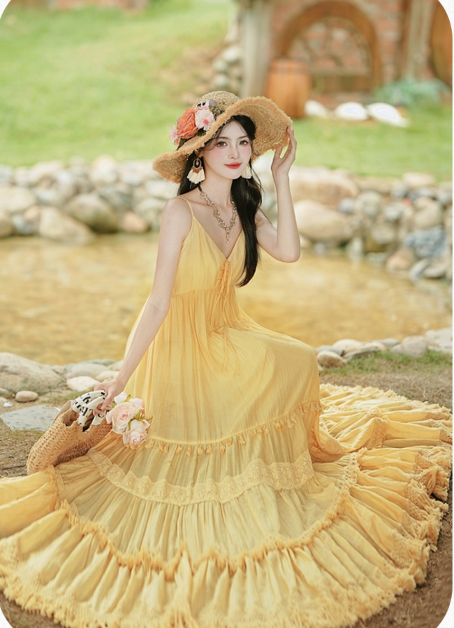 Vacation big skirt dress yellow beach dress
