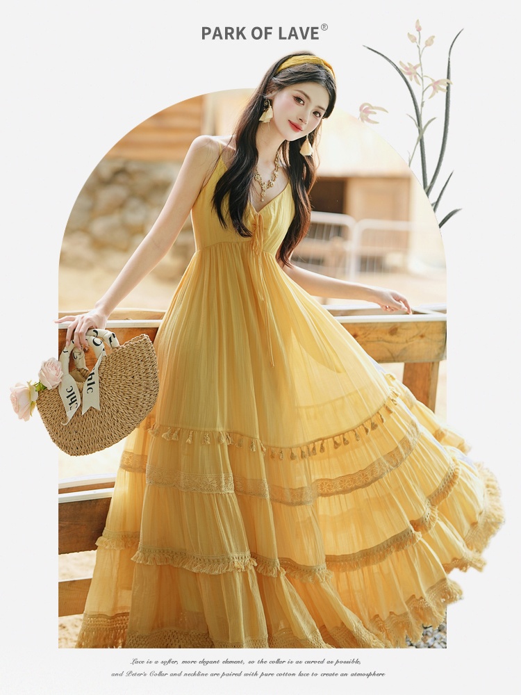 Vacation big skirt dress yellow beach dress