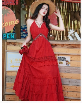 Vacation big skirt dress red beach dress