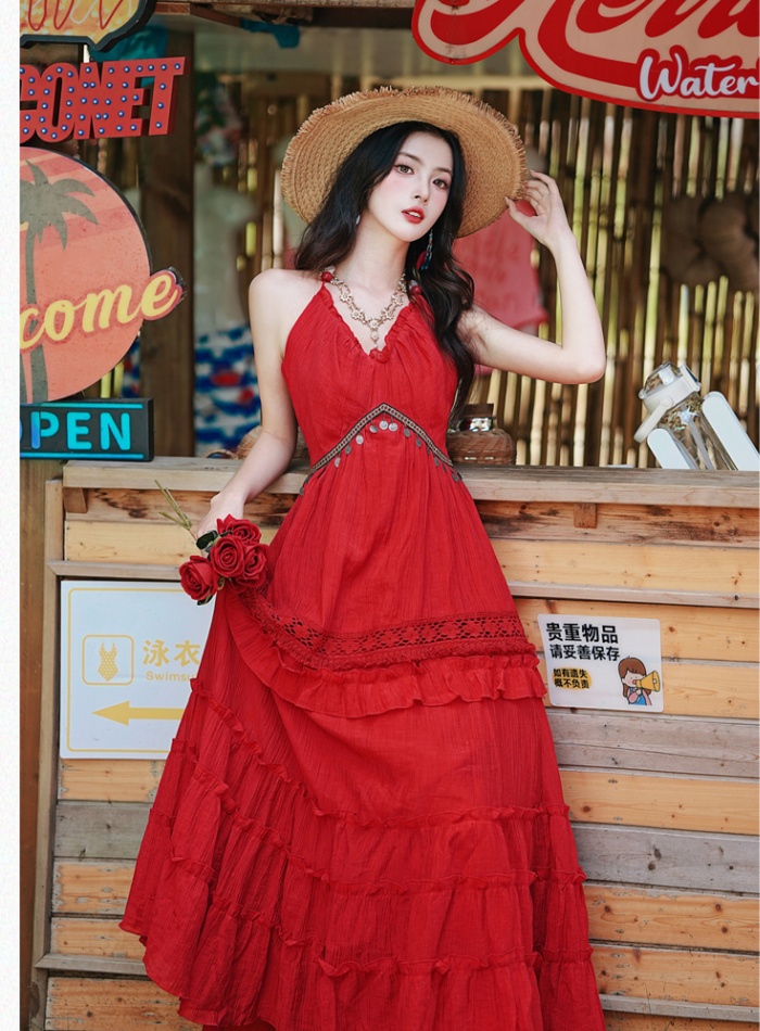 Vacation big skirt dress red beach dress