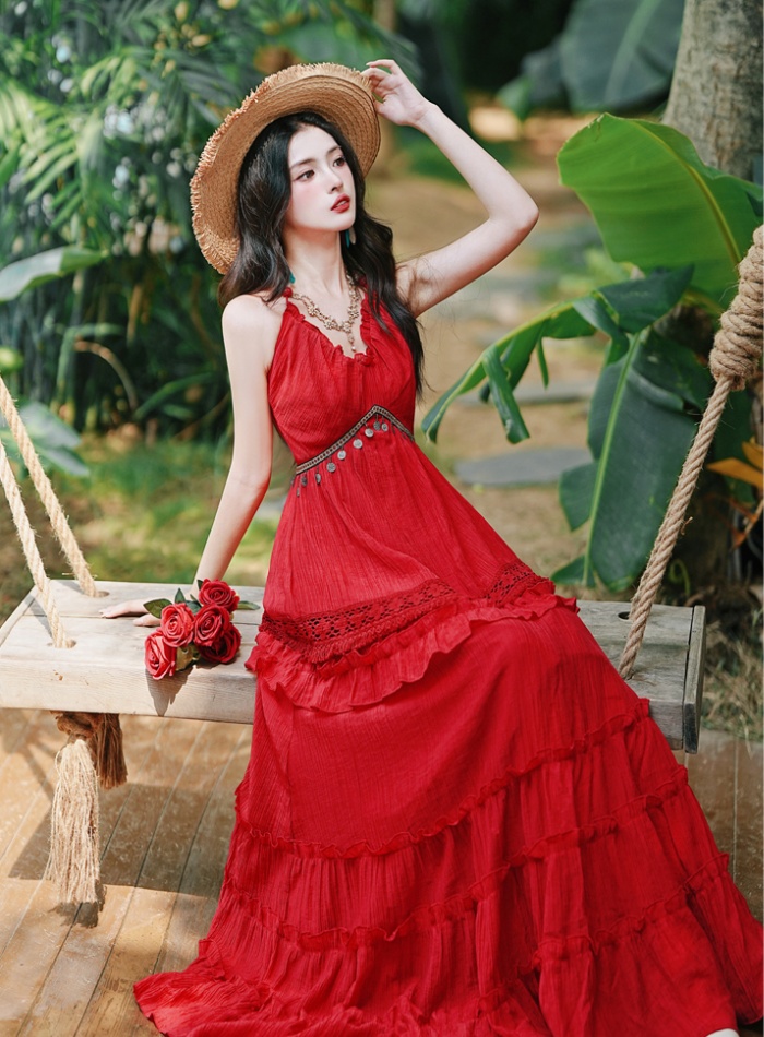 Vacation big skirt dress red beach dress