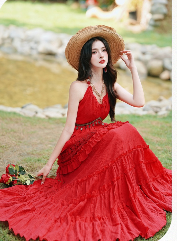 Vacation big skirt dress red beach dress