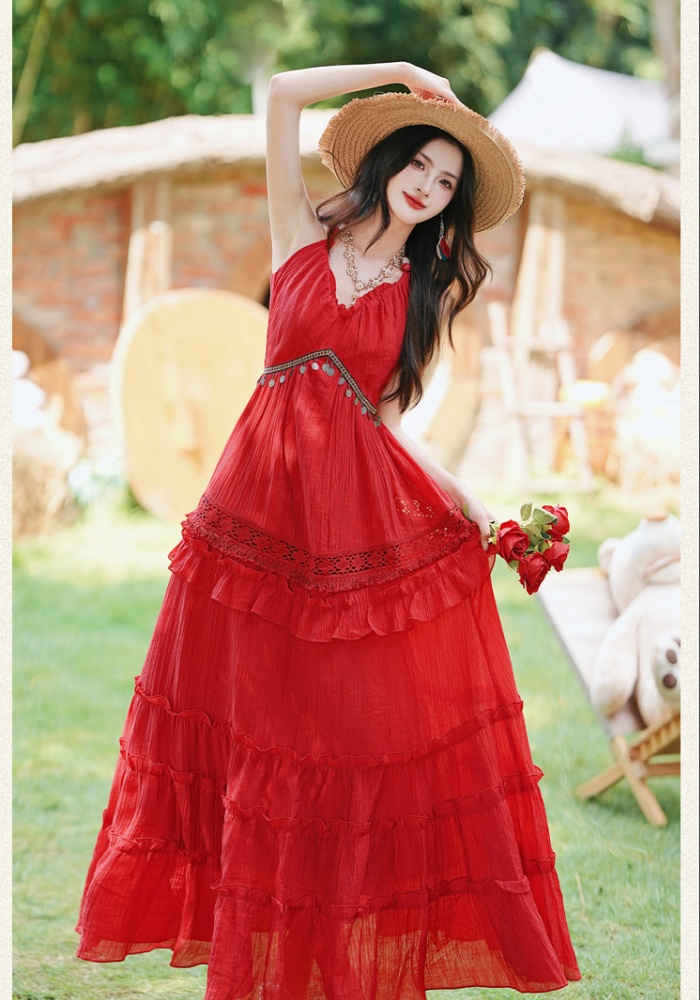 Vacation big skirt dress red beach dress