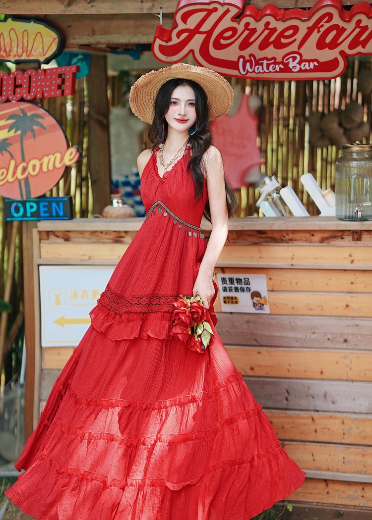 Vacation big skirt dress red beach dress