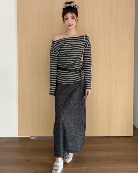 Stripe temperament T-shirt autumn long skirt 2pcs set