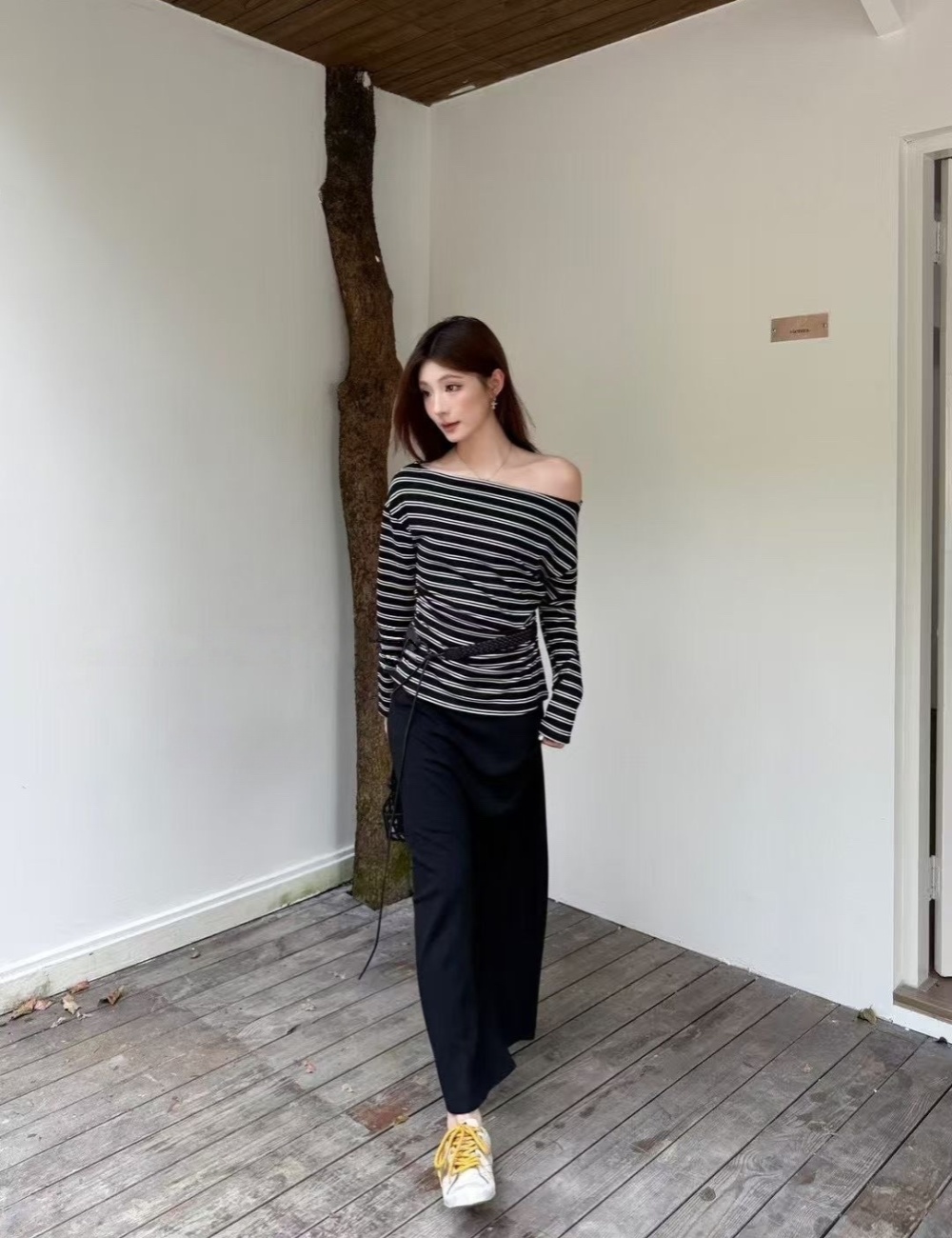 Stripe temperament T-shirt autumn long skirt 2pcs set