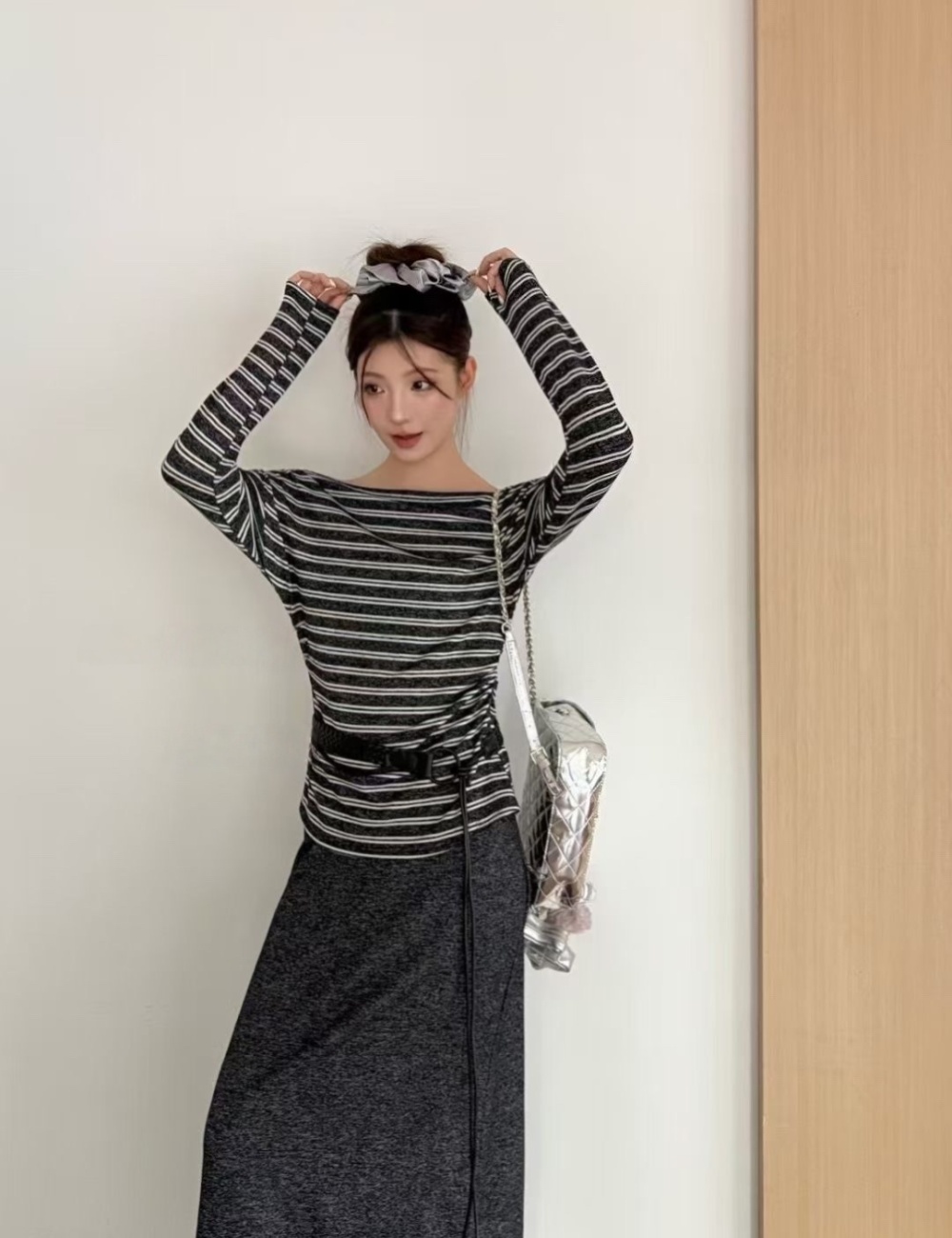 Stripe temperament T-shirt autumn long skirt 2pcs set
