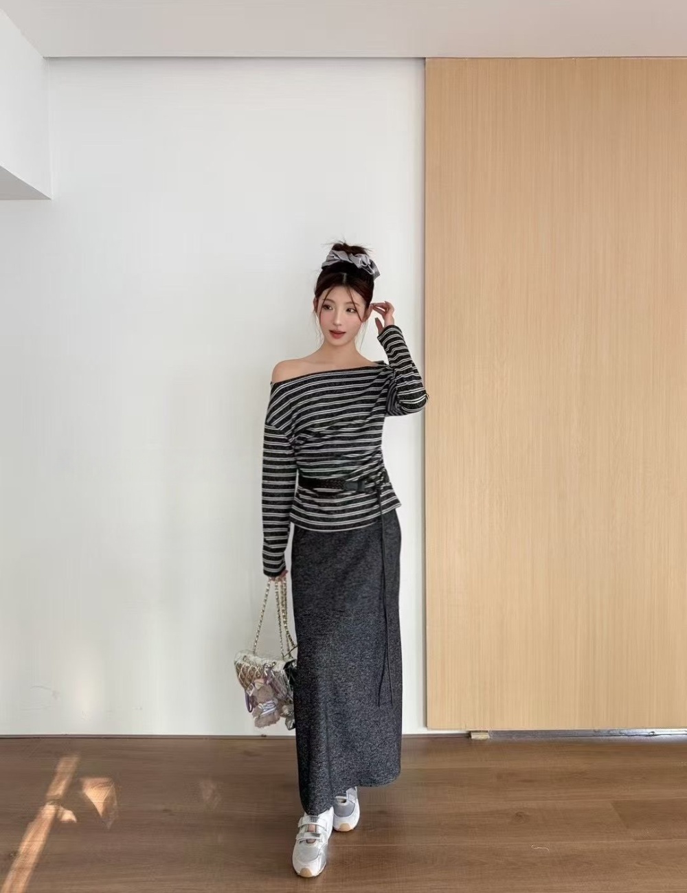 Stripe temperament T-shirt autumn long skirt 2pcs set