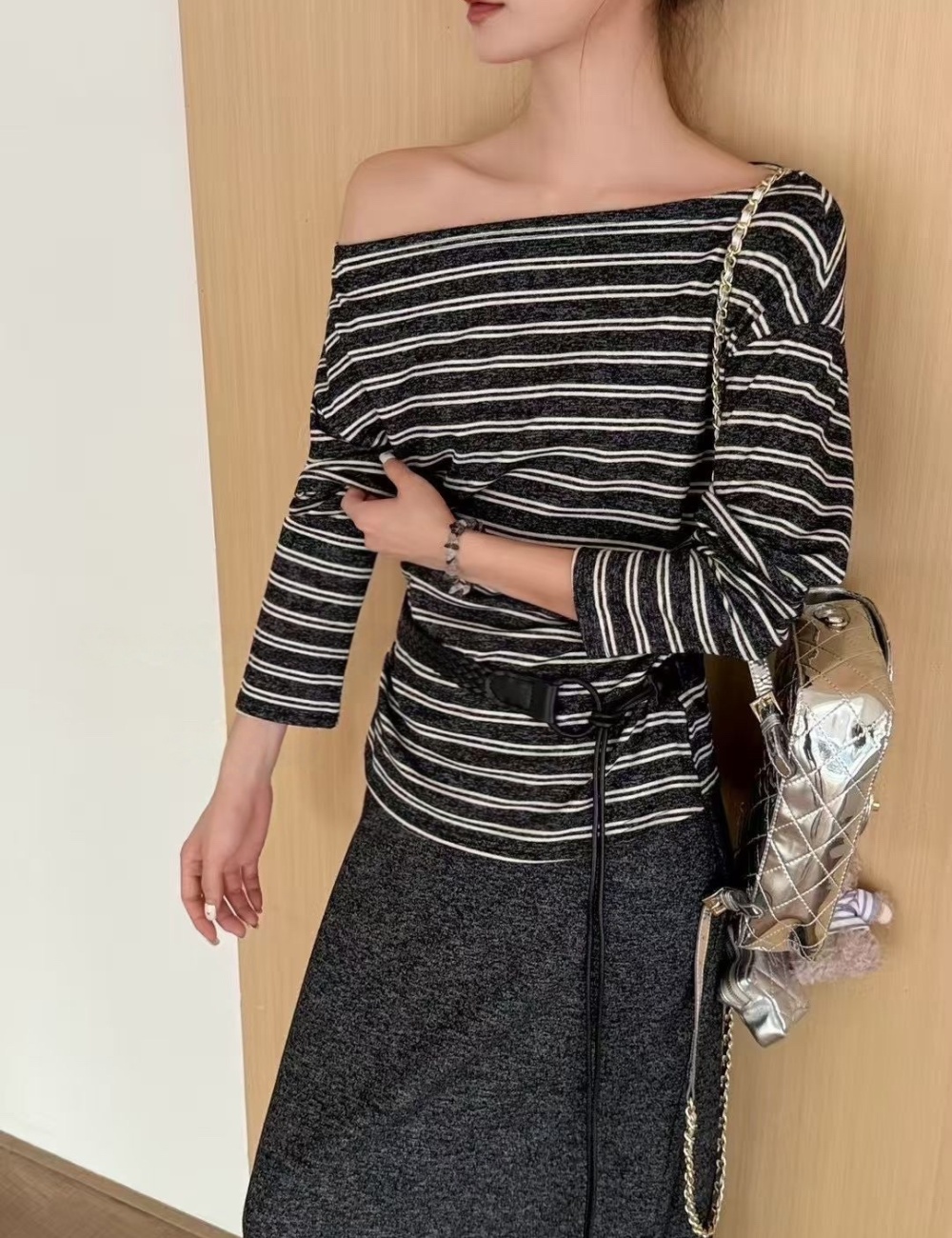 Stripe temperament T-shirt autumn long skirt 2pcs set