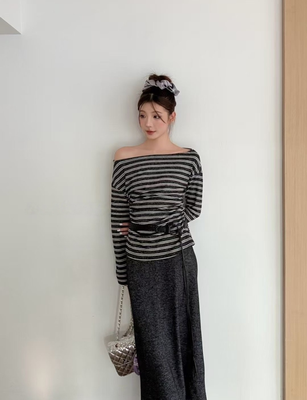 Stripe temperament T-shirt autumn long skirt 2pcs set