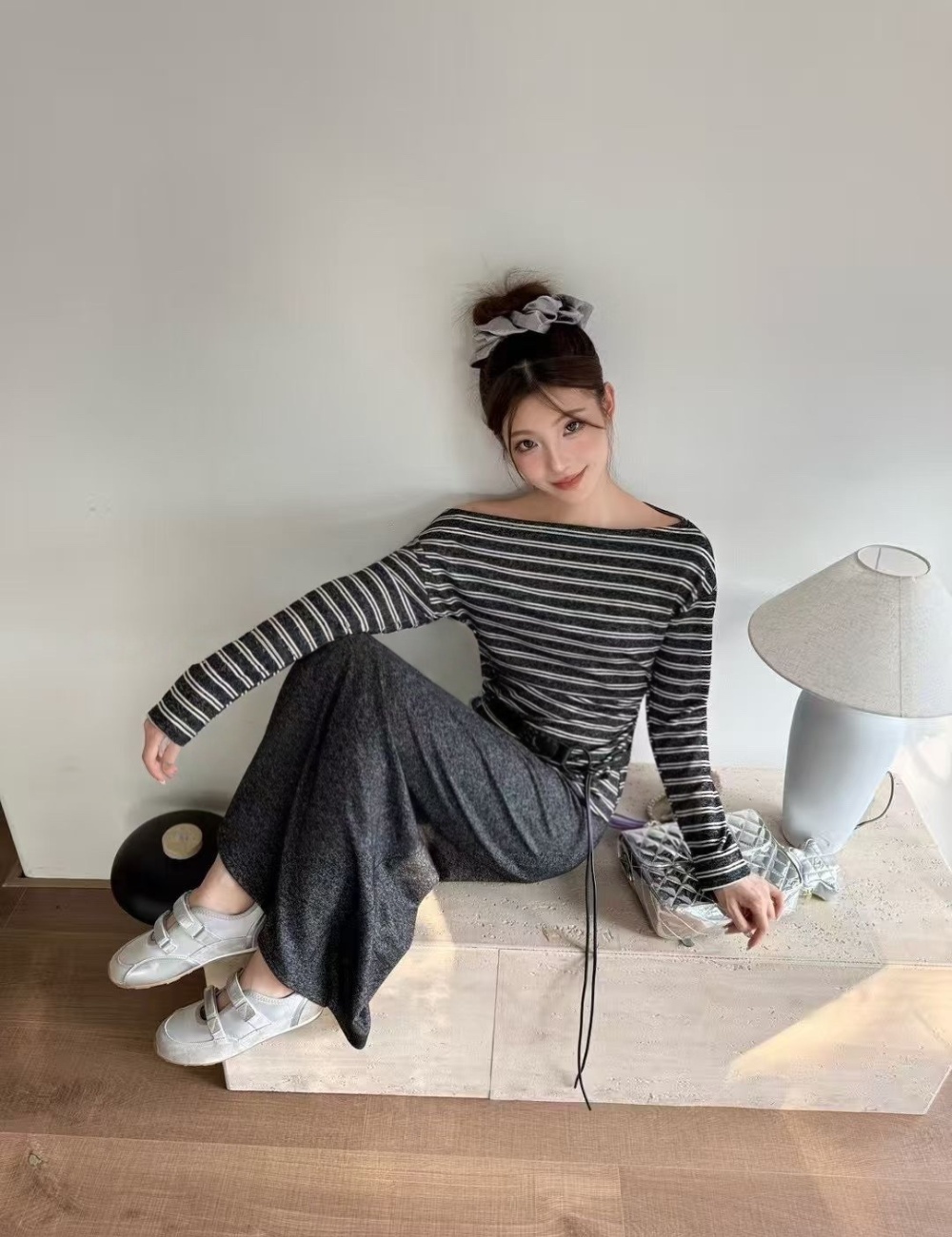 Stripe temperament T-shirt autumn long skirt 2pcs set