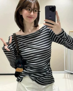 Stripe flat shoulder tops long sleeve T-shirt