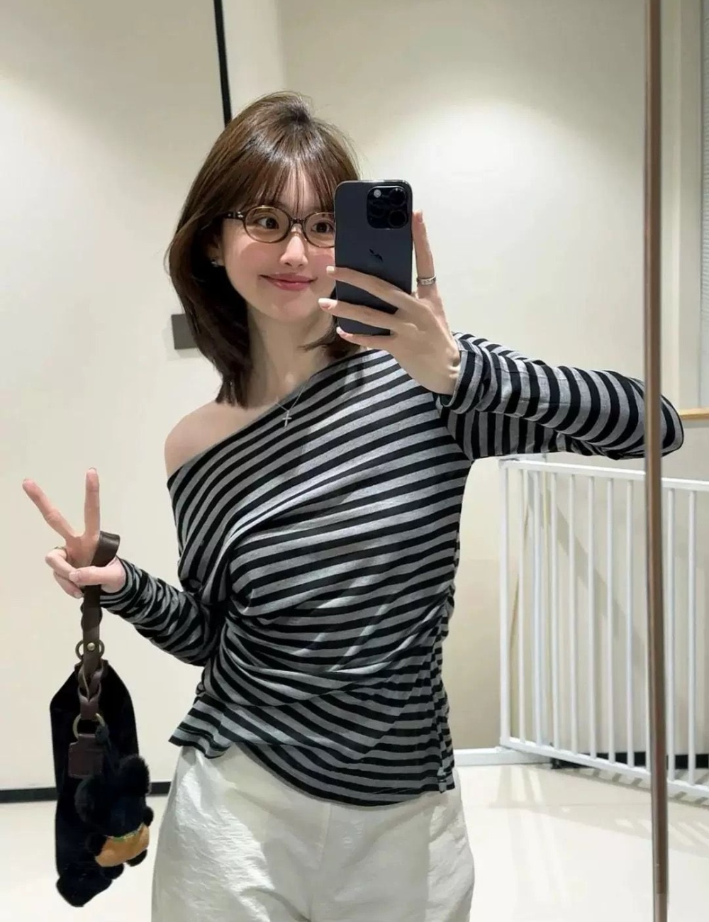 Stripe flat shoulder tops long sleeve T-shirt