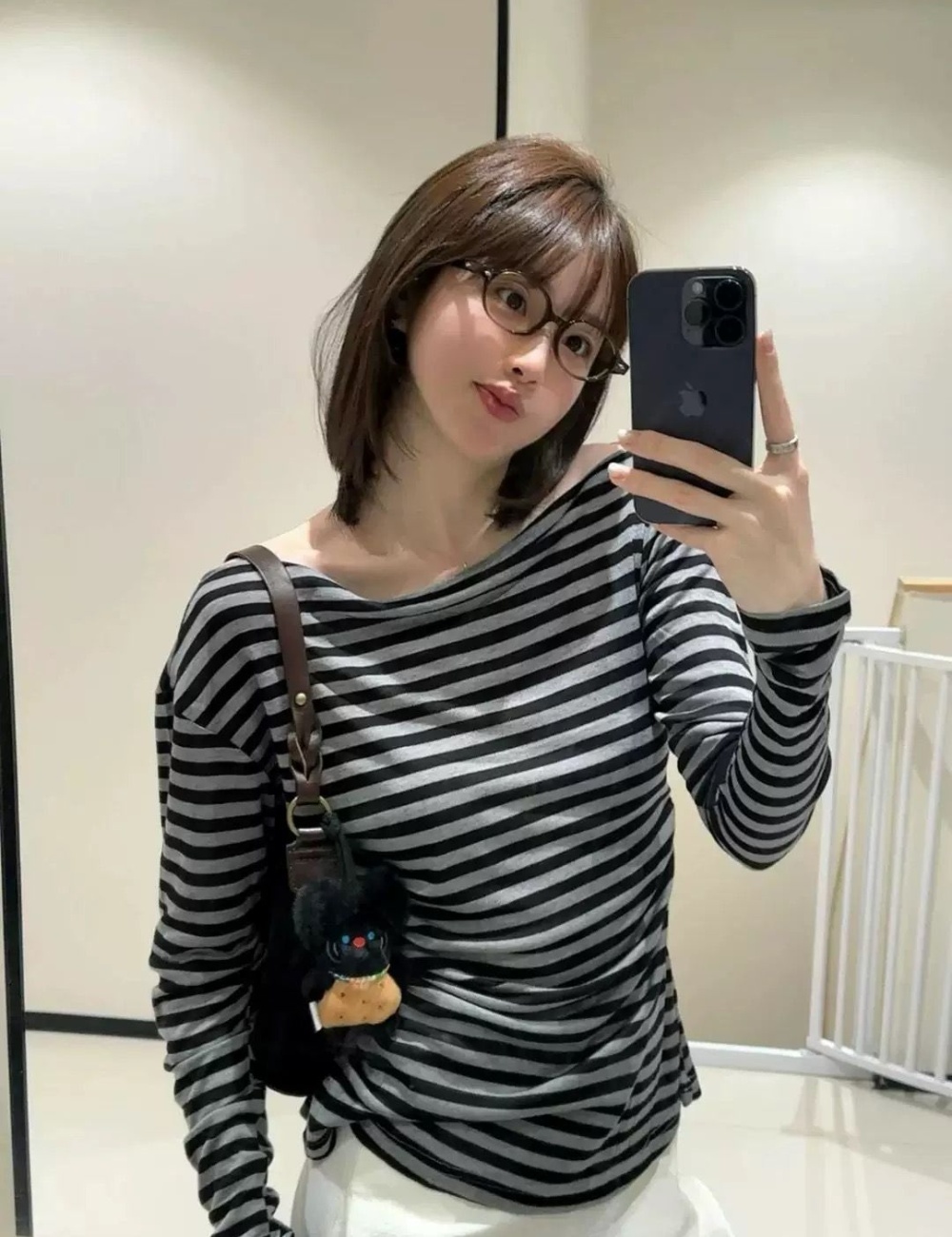 Stripe flat shoulder tops long sleeve T-shirt