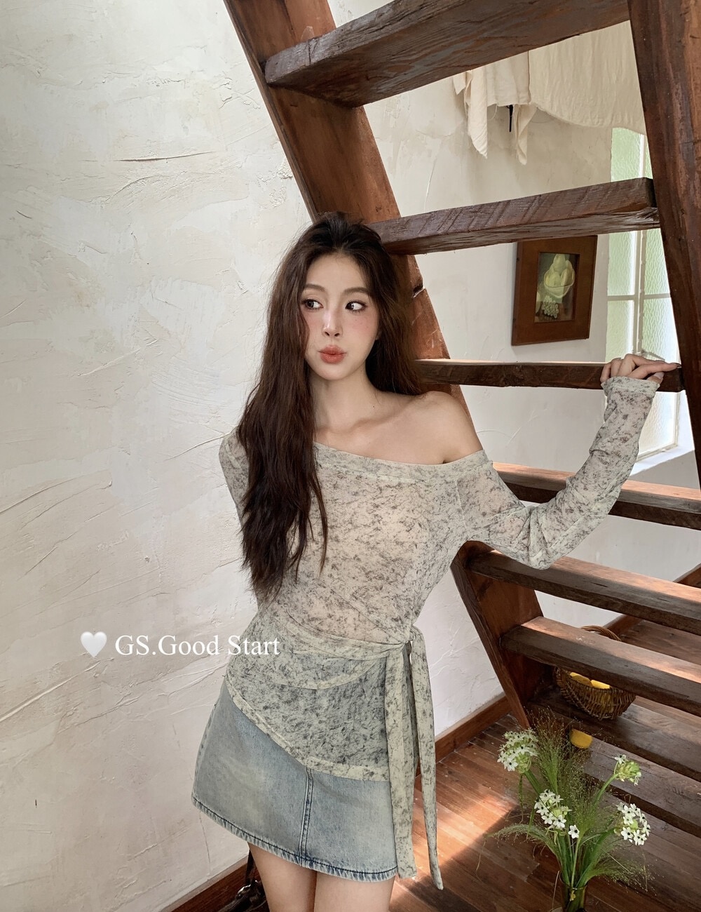 Tie dye pinched waist autumn small shirt for women