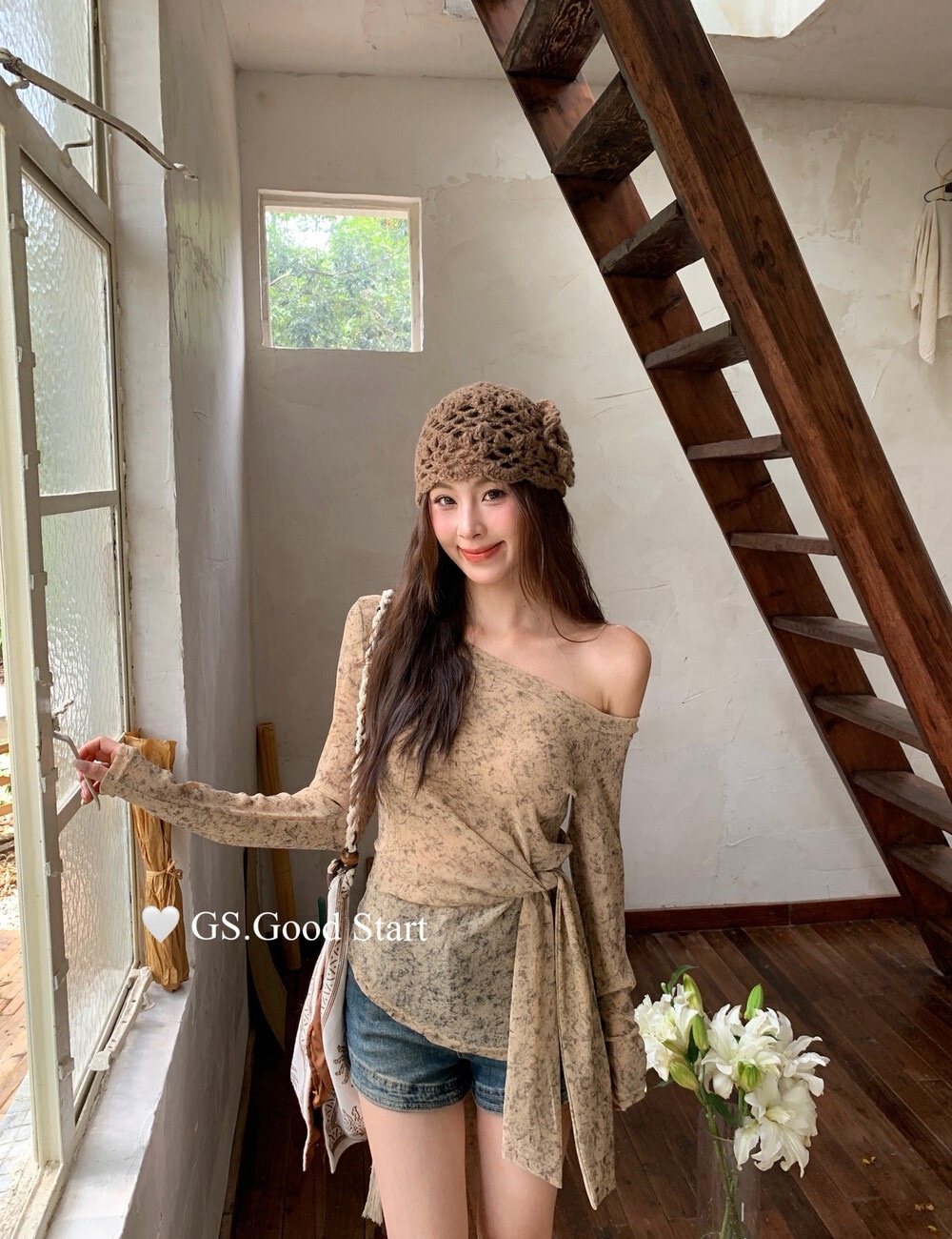 Tie dye pinched waist autumn small shirt for women