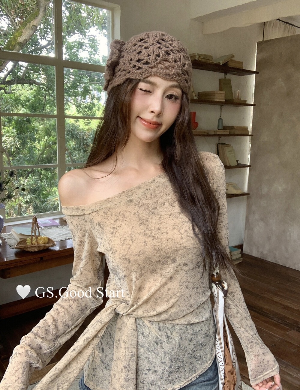 Tie dye pinched waist autumn small shirt for women