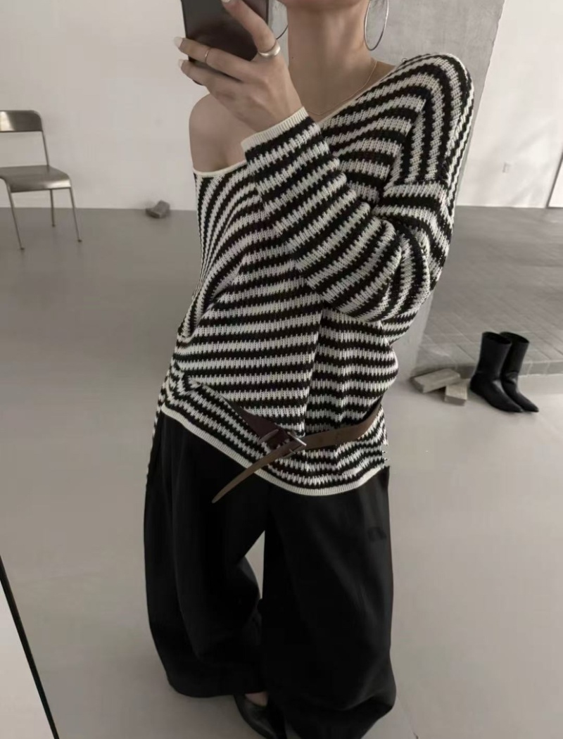 Long sleeve lazy stripe smock autumn hollow loose sweater