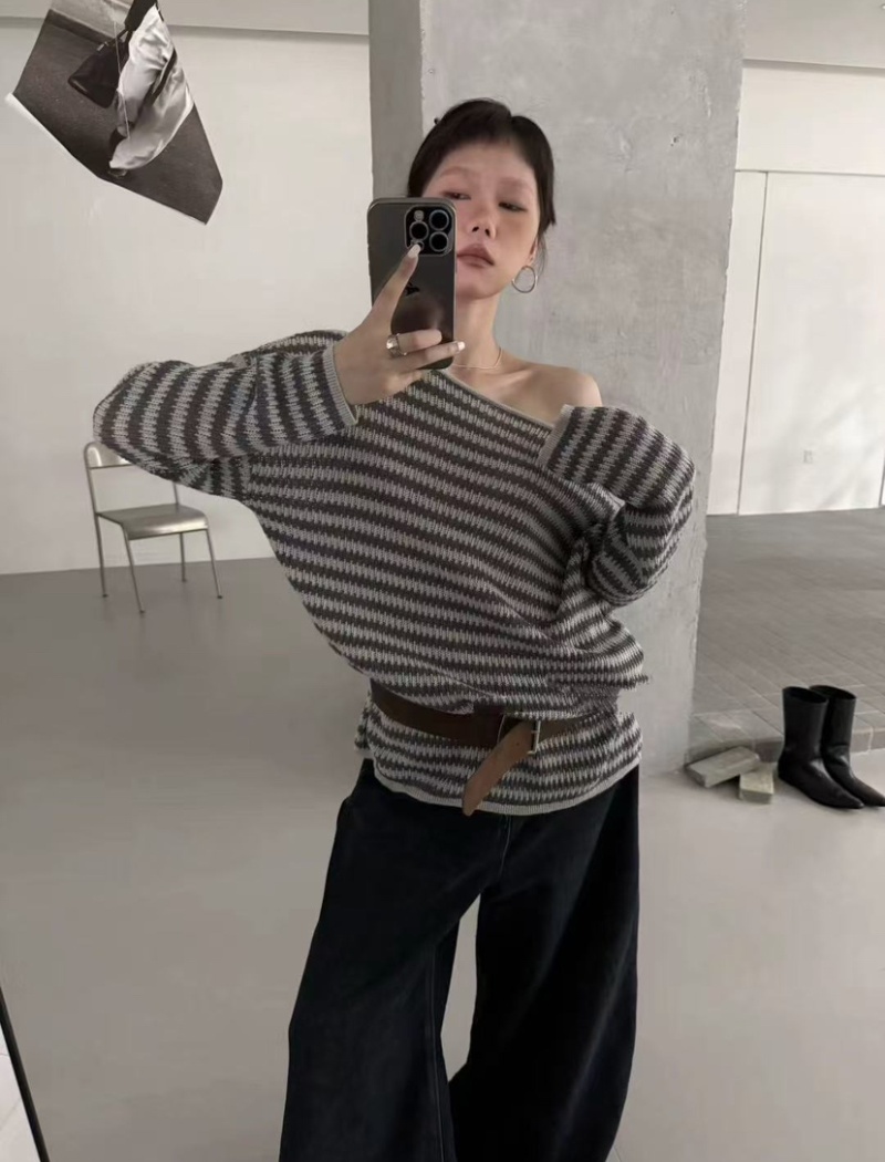 Long sleeve lazy stripe smock autumn hollow loose sweater