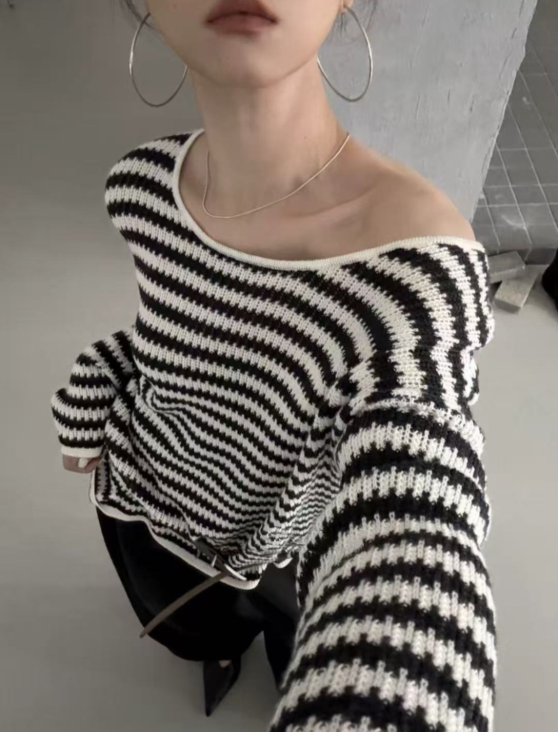 Long sleeve lazy stripe smock autumn hollow loose sweater